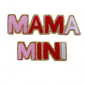 New <b>Hot</b> <b>Pink</b> Big Size Iron on Chenille Embroidered Gold Edge Mama Mini Letter Patch for T-shirt Hoodies - Product Image 1