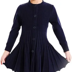 Girls Sweater Dress Pleated Flare School Uniform Dress School Skirts Long Sleeve Button Front Knit for Girls Children Crew Neck