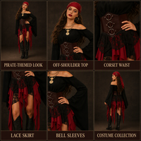 Damen-Piratenkostüm-Set mit schwarzem schulterfreiem Oberteil, Korsett-Taille, mehrlagigem roten Rock und Kopftuch für Halloween