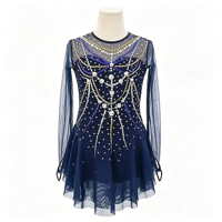 Robe de patinage bleu marine en maille transparente à manches longues avec motif chaîne en strass pour enfants et adultes, idéale pour les compétitions et les spectacles
