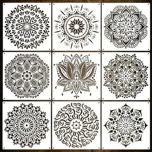 Lot <span class=keywords><strong>de</strong></span> 9 grands pochoirs mandala 12 x 12 pouces découpés au laser pour la peinture sur sol, mur, carrelage, tissu, meubles - Product Image 1