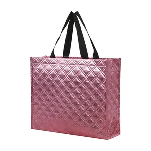 Fashion luxury laminated pink fabric reusable pp non woven tote shopping bag with custom printed logo