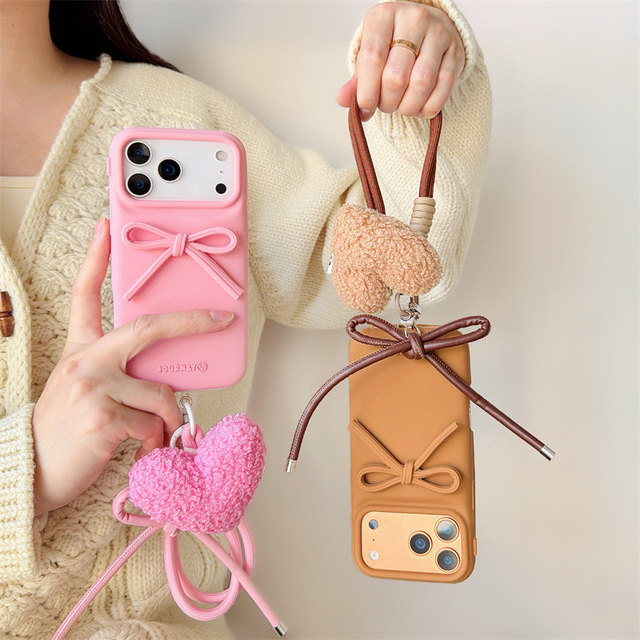 Silicone Stereo Bow With Love Lanyard Mobile Phone Case for Iphone 17/16/15 Pro Max Anti-Fall Protective Cover for Apple14 13 12