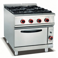 Cuisinière à gaz commerciale 4 brûleurs, plaque de cuisson plate en acier inoxydable, four et grill, brûleurs haute puissance, nettoyage facile pour cuisine intérieure quotidienne