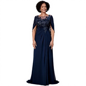 Robes <span class=keywords><strong>de</strong></span> soirée bleu marine à sequins en mousseline pour <span class=keywords><strong>mère</strong></span> <span class=keywords><strong>de</strong></span> <span class=keywords><strong>la</strong></span> <span class=keywords><strong>mariée</strong></span> avec cape, coupe trapèze, grandes tailles, longueur ras du sol - Product Image 1
