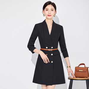 Black Suit Dress Women Long Sleeve Notched Collar Double Button Sheath Career Wear Solid Color Polyester Dress - Product Image 3