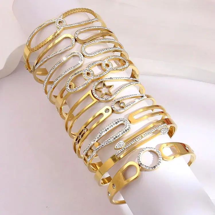 Jinyun venta al por mayor de acero inoxidable de moda 18K oro diamante brazalete hueco estrella pulsera joyería pulsera marcas famosas brazalete