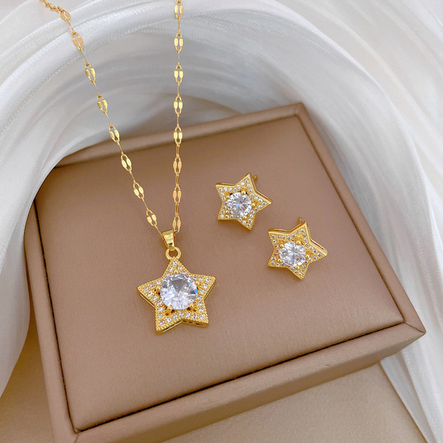 Exquisite Wedding Jewelry Star Zirconia Hollow Necklace Earrings Ring Set Zircon Sparkling Diamond Ring Earring Necklace