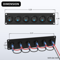 Panneau de commutation marin 12V DC 20A SPST marche/arrêt, panneau de commutation à bascule 6 gangues, panneau de commutation à bascule rond 12V, 3 broches, éclairage LED bleu