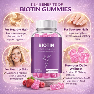 Gomitas <span class=keywords><strong>de</strong></span> Biotina para Cabello, Piel y Uñas, 10000mcg, Sabor Fresa, 60 Unidades, Apoyo Vegano para la Belleza - Product Image 3