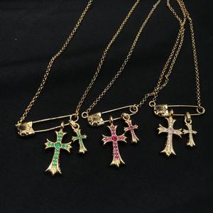 จี้สร้อยคอรูปไม้กางเขนโครเมียมฮาร์ท ชุบทอง 24K สำหรับผู้ชายและผู้หญิง พร้อมสร้อยยาวแบบวินเทจ ทันสมัย สไตล์เรโทร ขายส่ง ของขวัญ - Product Image 2