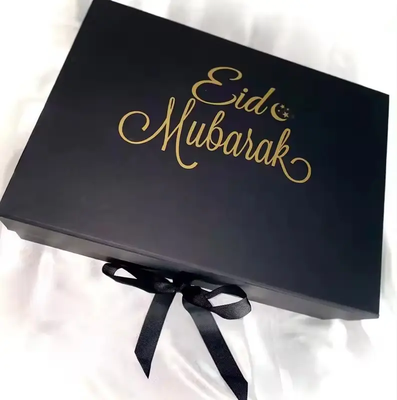 Caixa de presente vazia magnética de papelão preto com logotipo personalizado, caixa de embalagem para doces e doces islâmicos do Ramadã eid Mubarak