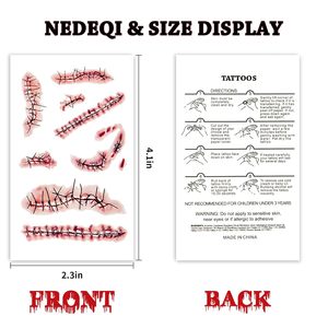 NEDEQI Halloween Zombie tatuaggi temporanei 20 fogli Chucky cicatrice sangue finto impermeabile punti realistici ferita Temp per il corpo - Product Image 3