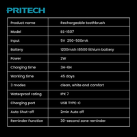 Sikat Gigi Elektrik PRITECH Isi Ulang Daya, Daya Tahan Baterai 45 Hari, Sikat Gigi Sonic, Timer Pintar, 3 Mode