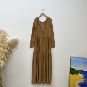 6344# New Long Dress Cotton Material Round Neck Pleated Slim Sleeves With Back Zipper With Side Pockets Simple Elegant Dress - Product Image 5