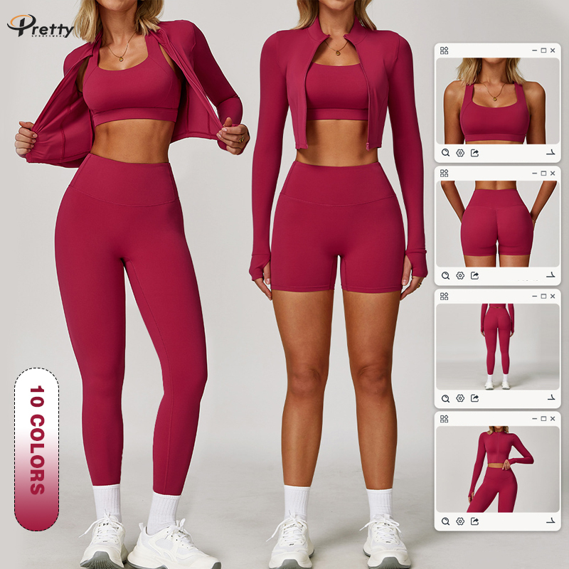 New Arrival Customized Outdoor Sports Tight-fit Breathable Solid Yoga Suit Fitness Suit High Waist 3-Piece Quick Dry