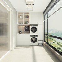 Vitrina Moderna Blanca con Puertas de Vidrio LED y Cajones, Almacenamiento para Lavandería que Ahorra Espacio para Apartamentos