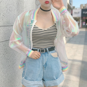 Veste universitaire d'été TONGYANG pour femme, zippée, respirante, imprimée, effet laser, symphonie arc-en-ciel, holographique, irisée, transparente, unie, fine - Product Image 3