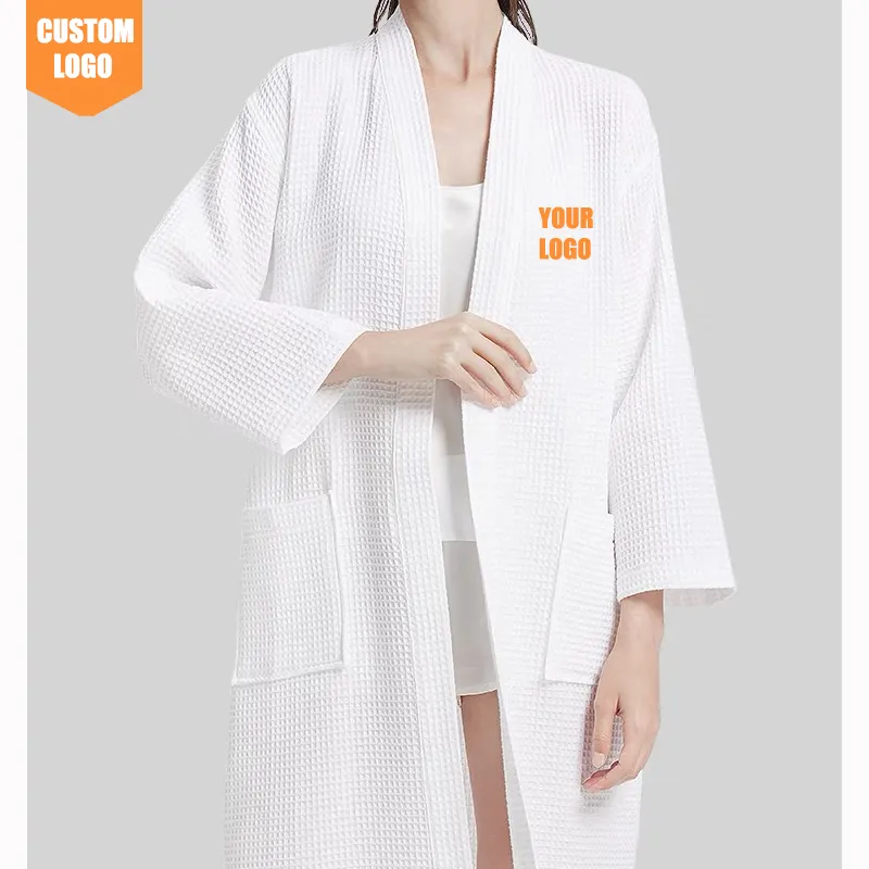 Vente en gros de peignoirs de luxe pour hôtels SAP Peignoir solide gaufré Kimono Peignoir pour hommes et femmes Vêtements de nuit Peignoir en coton pour hôtels