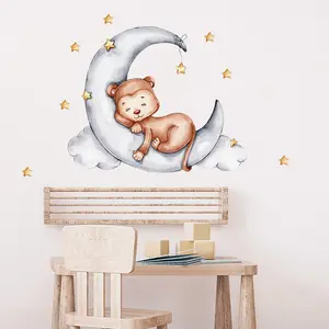 Baby Monkey Sleeping on The Moon Wall Stickers for Kids Room Bedroom Decorative Wall Decal