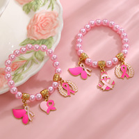 Bracelet tendance en perles et chaîne en plastique avec pendentif Ruban Rose pour la sensibilisation au cancer du sein, cadeau pour femme