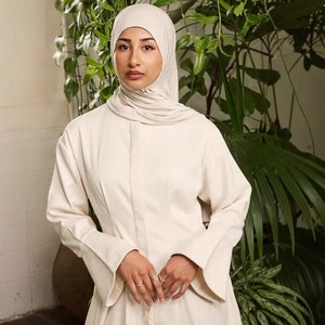 Col mandarin <span class=keywords><strong>décolleté</strong></span> structuré manchette évasée manches cloche Maxi plis coton blanc robes modestes - Product Image 2