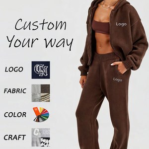 Set Loungewear in Maglia Personalizzato <span class=keywords><strong>per</strong></span> <span class=keywords><strong>Donna</strong></span>, Maglione con Zip Frontale di Alta Qualità e Pantaloni a Gamba Larga, <span class=keywords><strong>Tuta</strong></span> Casual in Maglia <span class=keywords><strong>per</strong></span> l'Inverno - Product Image 1