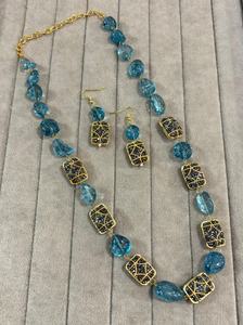 <b>Blue</b> Stone Jadau Beaded Fashion Jewelry Set Elegant Necklace and Earrings Combo Handmade bulk product - Product Image 3