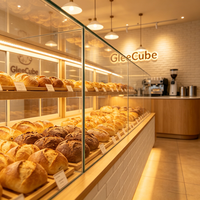 Airy Luxe Bakery & Coffee Market Stall Featuring Glass Display Case, Open Tiered Shelving, and Integrated Warm Lighting