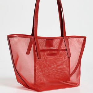 Bolso Tote de Malla Roja Reutilizable Personalizado Keymay para Mujer, Bolso de Playa de Hombro Único Portátil para Viajes de Verano con Cierre Magnético de Cuero - Product Image 4