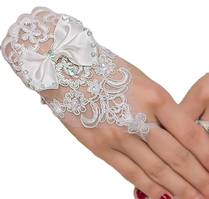 Guanti da sposa in pizzo stile fiocco corto bianco cristallo consegna veloce