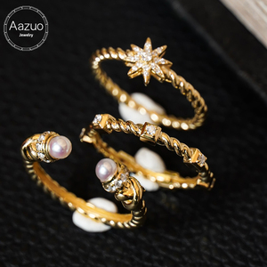 อาซูโอ 18K แหวนทองคำแท้สีเหลืองหรูหรา เพชรธรรมชาติ มุก สไตล์วินเทจ เครื่องประดับสวมใส่ทุกวัน ของขวัญ งานเลี้ยงวันเกิดของผู้หญิง - Product Image 1