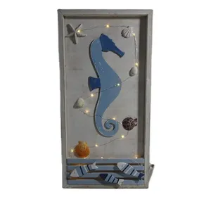 MDF Wall Plaque with Led For Ocean Theme Rectangular Shape ; Sea Horse With Shell Decorated Wood Wall Plaque; Wall Plaque Wood