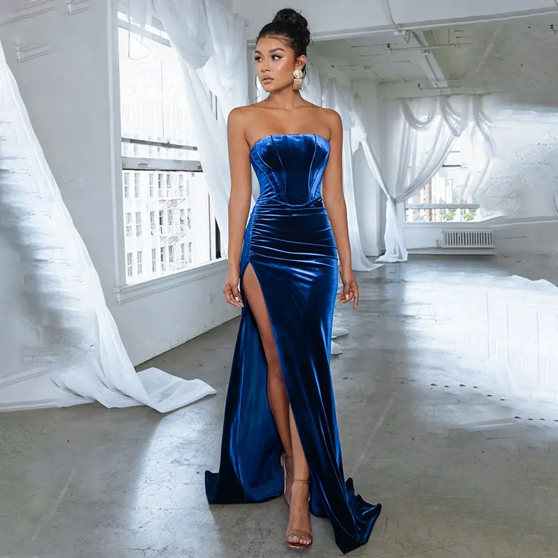new arrivals girls blue floor length dresses 2022 sexy strapless corset velvet party dress for ladies