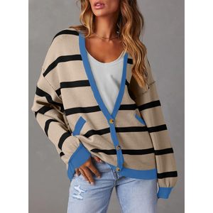 2025 femmes surdimensionné rayé Cardigan 2024 automne hiver ouvert avant manteau chandails avec poches gros imprimé vêtements d'extérieur - Product Image 6