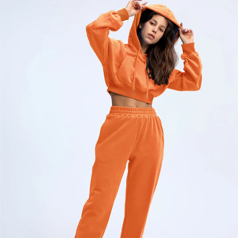 Custom Logo Cotton Girls Coat Hoodie Jacket Long Sleeve Women Orange Hoodie Wholesale Orange Women Hoodies And Pants Set