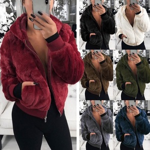 Nuova Giacca Corta da Donna in Ecopelliccia con Cerniera, Cappuccio e Tasche, Vita <span class=keywords><strong>Alta</strong></span>, <span class=keywords><strong>Moda</strong></span> Slim, Nera Rossa Rosa, Effetto Pelliccia di Coniglio - Product Image 2