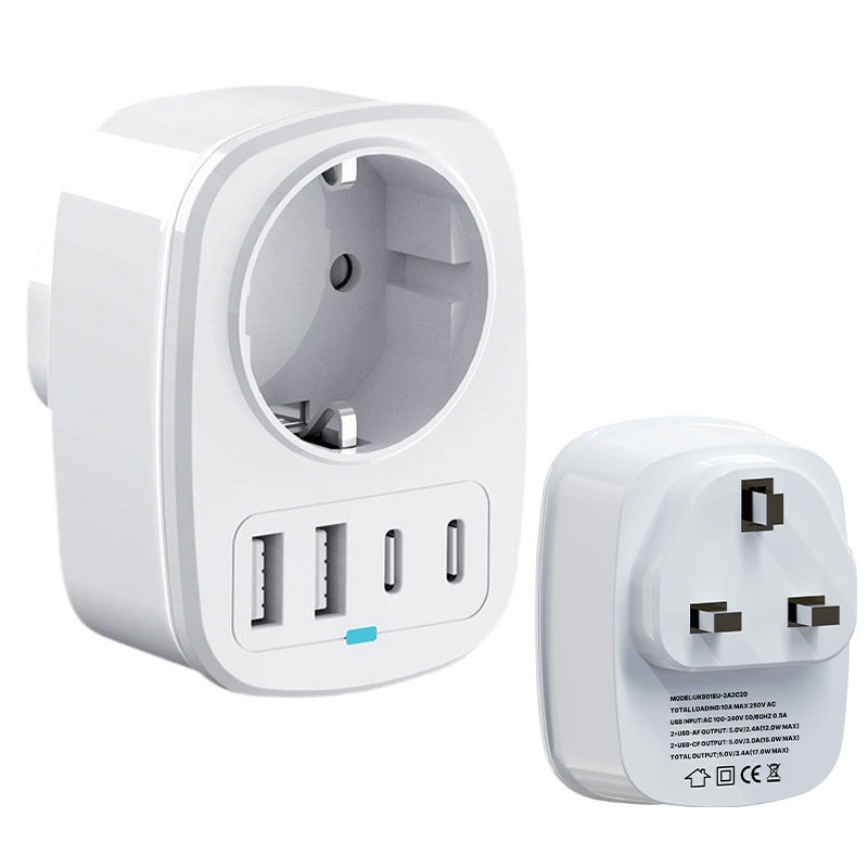 HONPNK Wholesale Multi-Power UK Plug Adaptor 2 USB-A TYPE-C AC Outlet EU to UK Type G Wall Socket Travel Adapter for Laptop