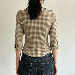 Ladies Brown Plaid 3/4 Sleeve Shirt, Button Up Lapel-neck Slim Fit Blouse, Y2K Casual Retro Workwear Top - Product Image 5