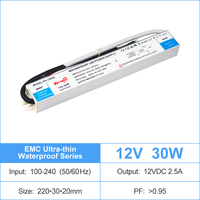 Alimentation LED extérieure ultra-mince 30W IP67 étanche, driver LED AC-DC simple 170-264V AC 12V/24V DC, adaptateur d'alimentation pour éclairage LED extérieur conforme EMC