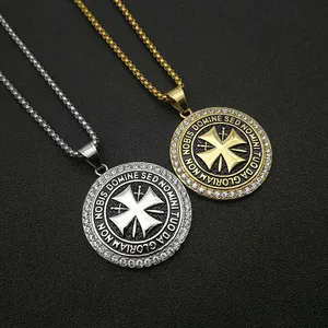 Blues RTS new arrival stainless steel pave rhinestone gold plated large coin pendant with templars cross symbol