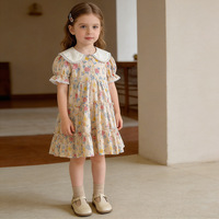 Robe d'été pour petite fille, robe en coton à fleurs, col Peter Pan avec dentelle, manches bouffantes, ourlet à volants, robe de princesse décontractée pour enfants