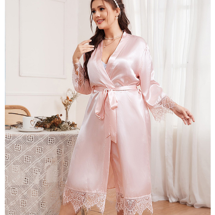 Pink Summer Cooling Silky Home Robe Lace Trim Lady Bride Dressing Gown Plus  Size Satin Women Sexy Sleepwear-2pcs MOQ| Alibaba.com