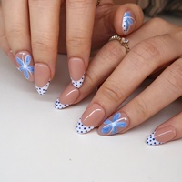 Offre Spéciale – Faux Ongles en Acrylique à Presser, French Manucure, Pois, Petites Fleurs Bleues, Forme Amande, Longueur Courte, 10 Pièces, Vente en Gros