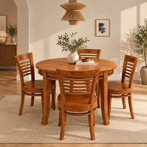 Midcentury Modern Wooden Dining Table Set With Four <b>Chairs</b> Solid Wood <b>Round</b> Design Stable Home Furniture - Product Image 1