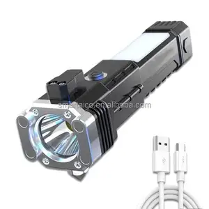 Long Distance Beam Range Car Rescue Torch with Hammer Window Glass and Seat Belt Cutter Rechargeable Torch Flashlight
