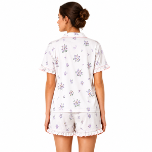 Ensemble de pyjama en satin de soie à imprimé floral pour femme, manches courtes, boutonnage frontal, deux pièces, avec cordon de serrage, été-automne, vente en gros - Product Image 2