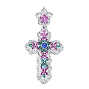 Pendentif Croix Chrétienne Femme en Argent 925 avec Cristal Taille Marquise et Moissanite, Bijou Religieux - Product Image 1