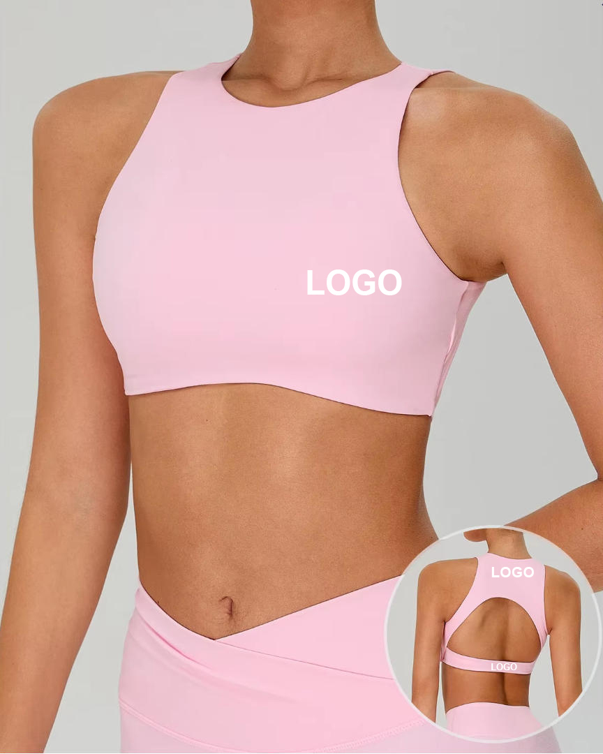 Women's Sexy Hollow Backless Sports Bra High Support Racerback Breathable Lightweight Front Logo Quick-Dry Shockproof Crew Neck