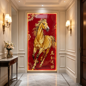 Arte Mural Chino Personalizado al por Mayor, Caballo Dorado de la Suerte, Pintura en Porcelana con Cristal, LED, Decoración de Pared Vertical Roja para el Éxito - Product Image 1